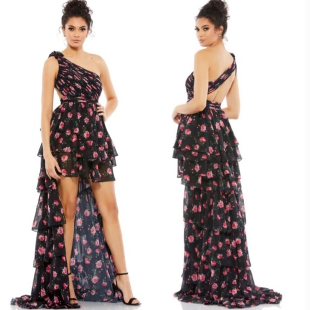 MAC DUGGAL NWT One Shoulder Ruffled Rose Print Layered High-Low Dress